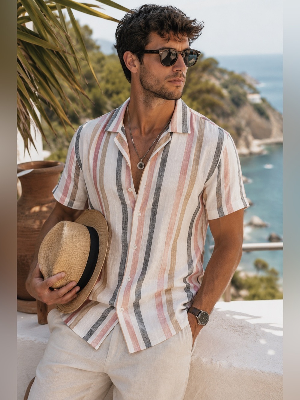 ASOS DESIGN XL Vertical Stripe Button Front Shirt Linen Cotton Blend